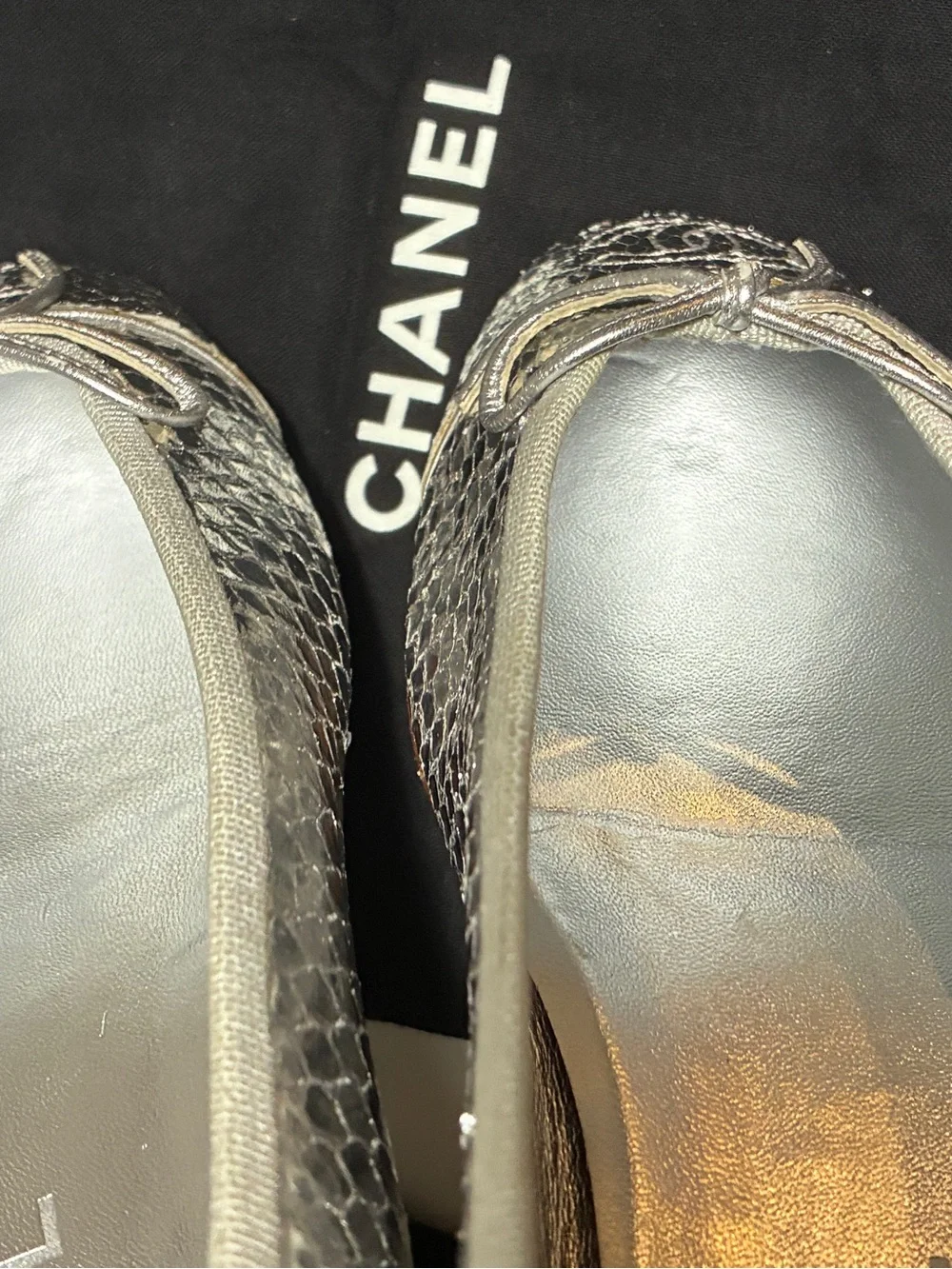 CHANEL Silver Metallic Snakeskin Quilted Ballerina Flats